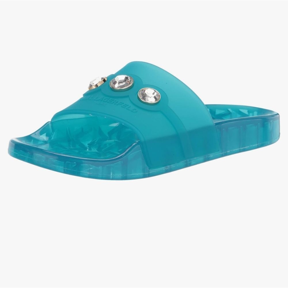BRAND NEW KARL LAGERFELD TEAL SLIDE with CRYSTAL DETAILS SANDAL R3